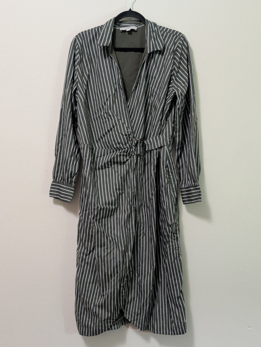 LOFT Dark Green and White Striped Wrap Midi Dress with Waist Ring